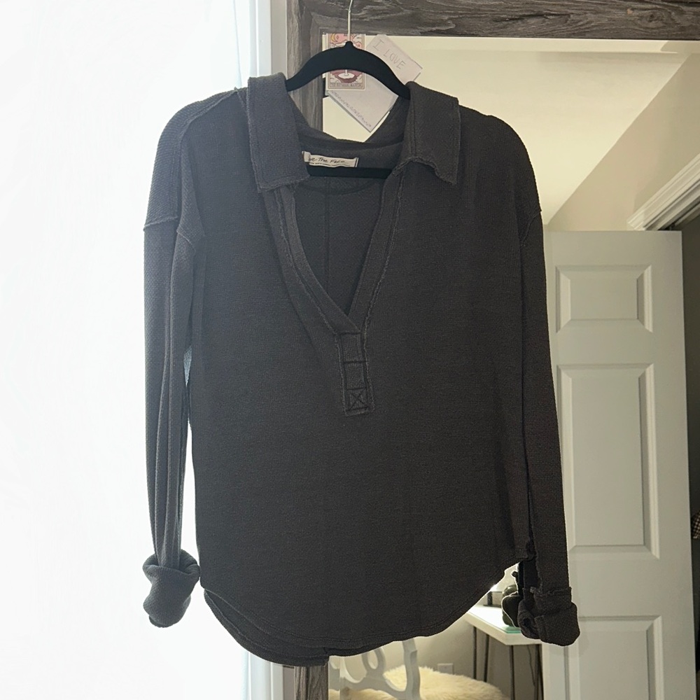 Free People We The Free Charcoal Long Sleeve Waffle knit Tee